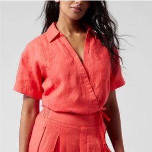 Athleta Playa Linen Tie Top Passionfruit Coral Red Tie Waist Collared V-neck S